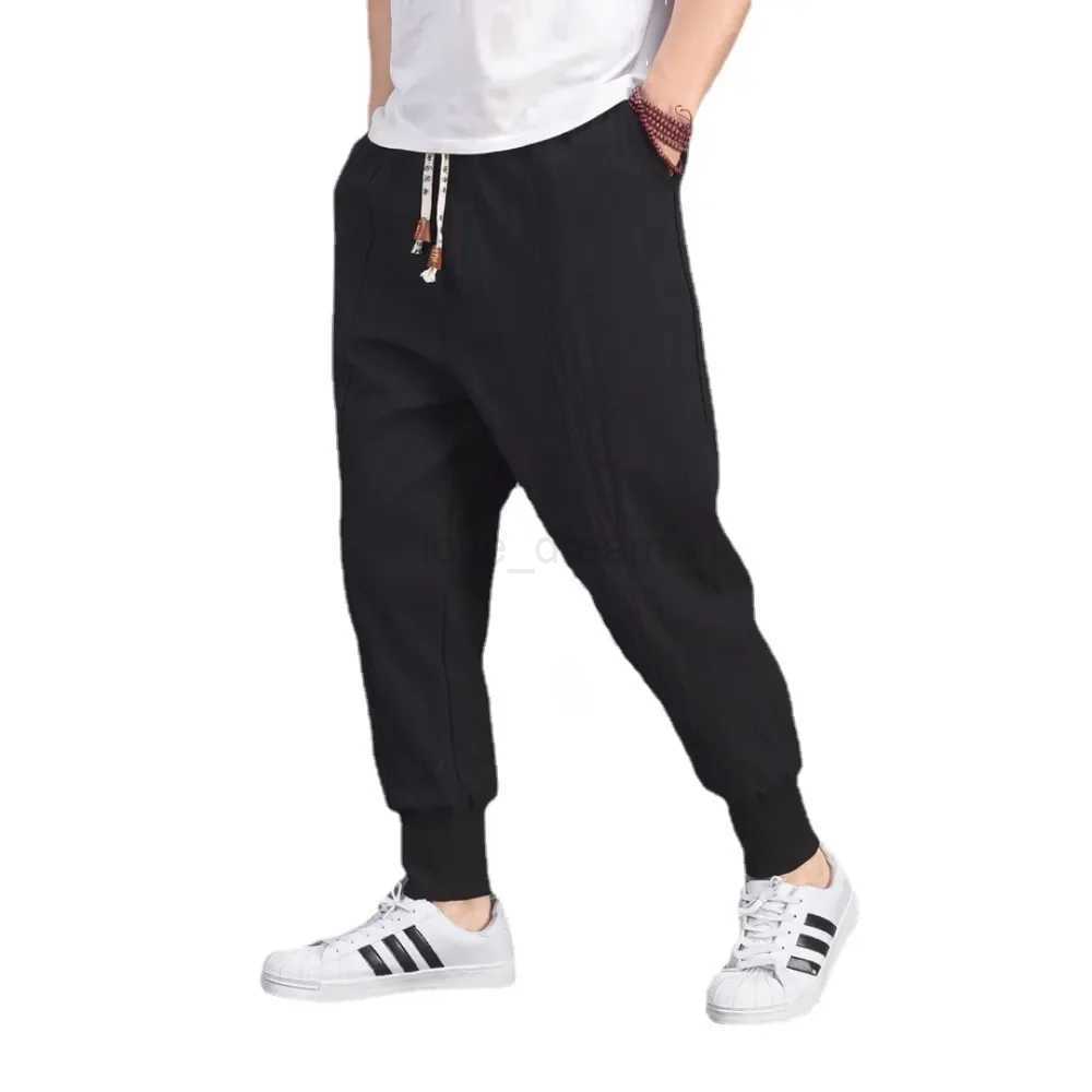 Cotton Linen Harem Pants Men Solid Elastic Waist Streetwear Joggers 2022 New Baggy Drop-crotch Pants Casual Trousers MenXJ240813