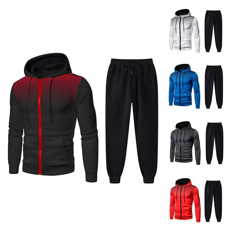 Mens Tracksuit Two-Piece Hoodie Track Pants Jacket Pullover Casual Outdoor Sports Fashion Streetwear Zipper Hooded Set 240813