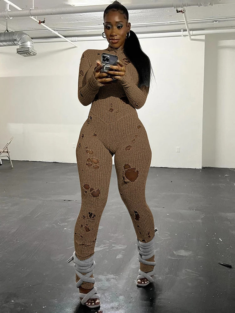 Weird Puss Knit Rip Jumpsuit Women Fitness Hollow Elastic Sexy Hipster Fall Long Sleeve Activity Street Workout Tight Overalls 240813