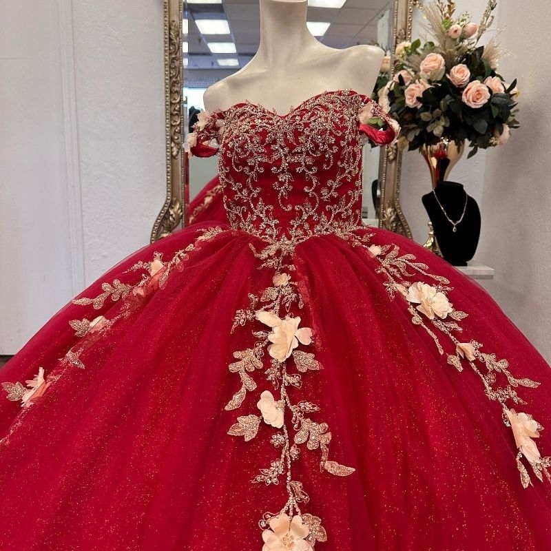 Red Shiny Ball Gown Quinceanera Dress Princess Vestidos De 15 Anos Off Shoulder Applique Lace Beads Tull Birthday Party Sweet 16 Dress
