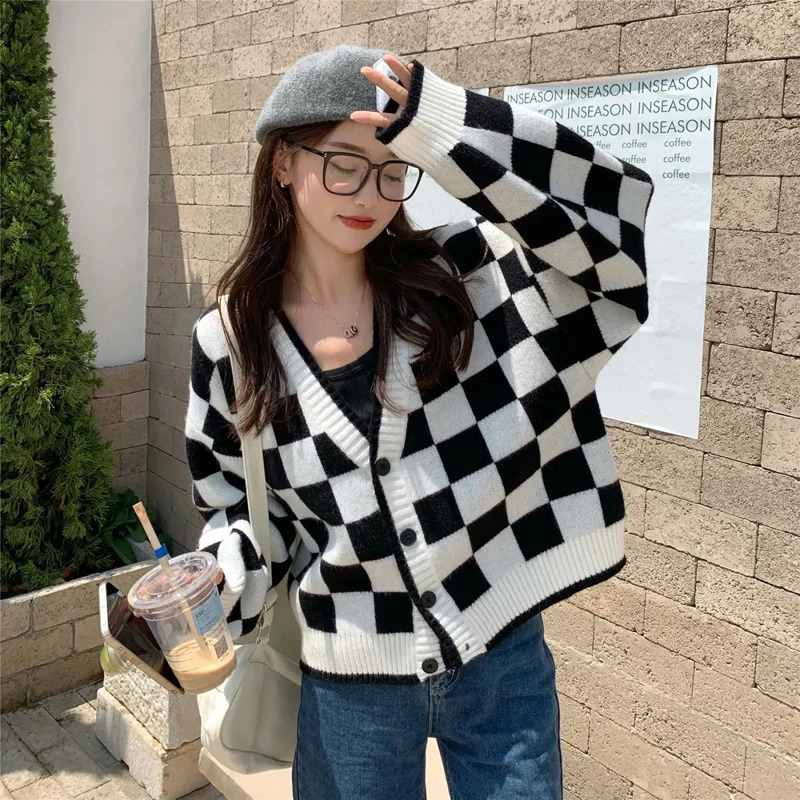MEXZT Fashion Harajuku Black and White Patchwork Cardigan Sweater Women Fall Long Sleeve Streetwear Tops Korean Y2k Sweater 240812