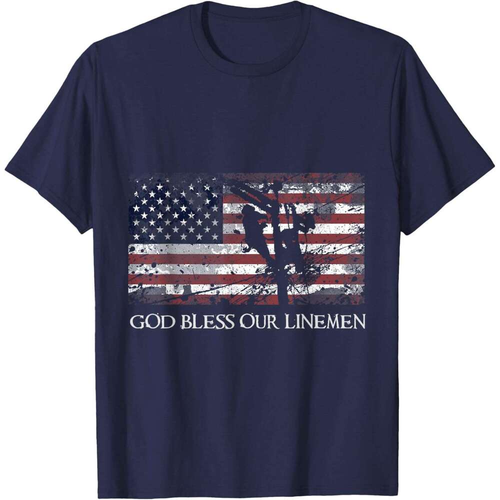 T shirt for Mens God Bless Our Linemen Cool American Lineman Flag T-Shirt Shirts Tshirt Graphic Tee Casual Tops Clothes Short sleeve