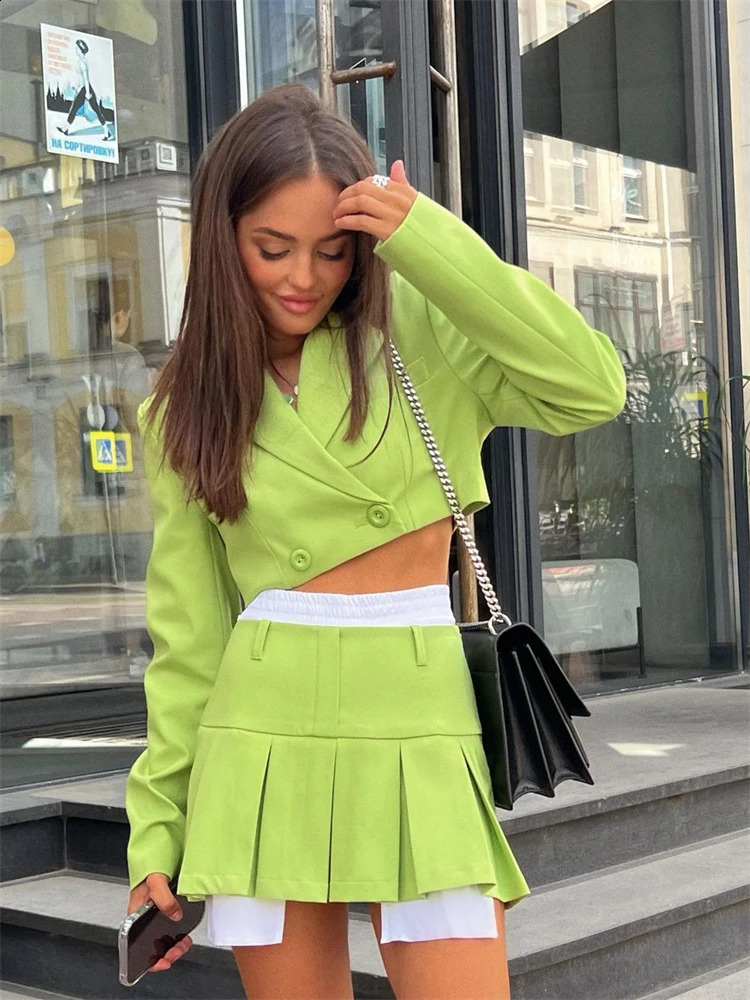 autumn womens jacket set twopiece lapel top and pleated leather Femme High Street Y2K 240809