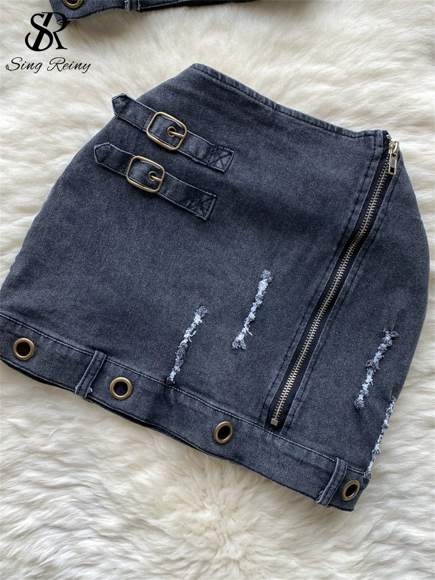 SINGREINY Trend High Street Denim Suits Backless Sleeveles Halter Y2K Top Zipper Pleated Mini Skirt Hollow Out Two Pieces Sets 240812