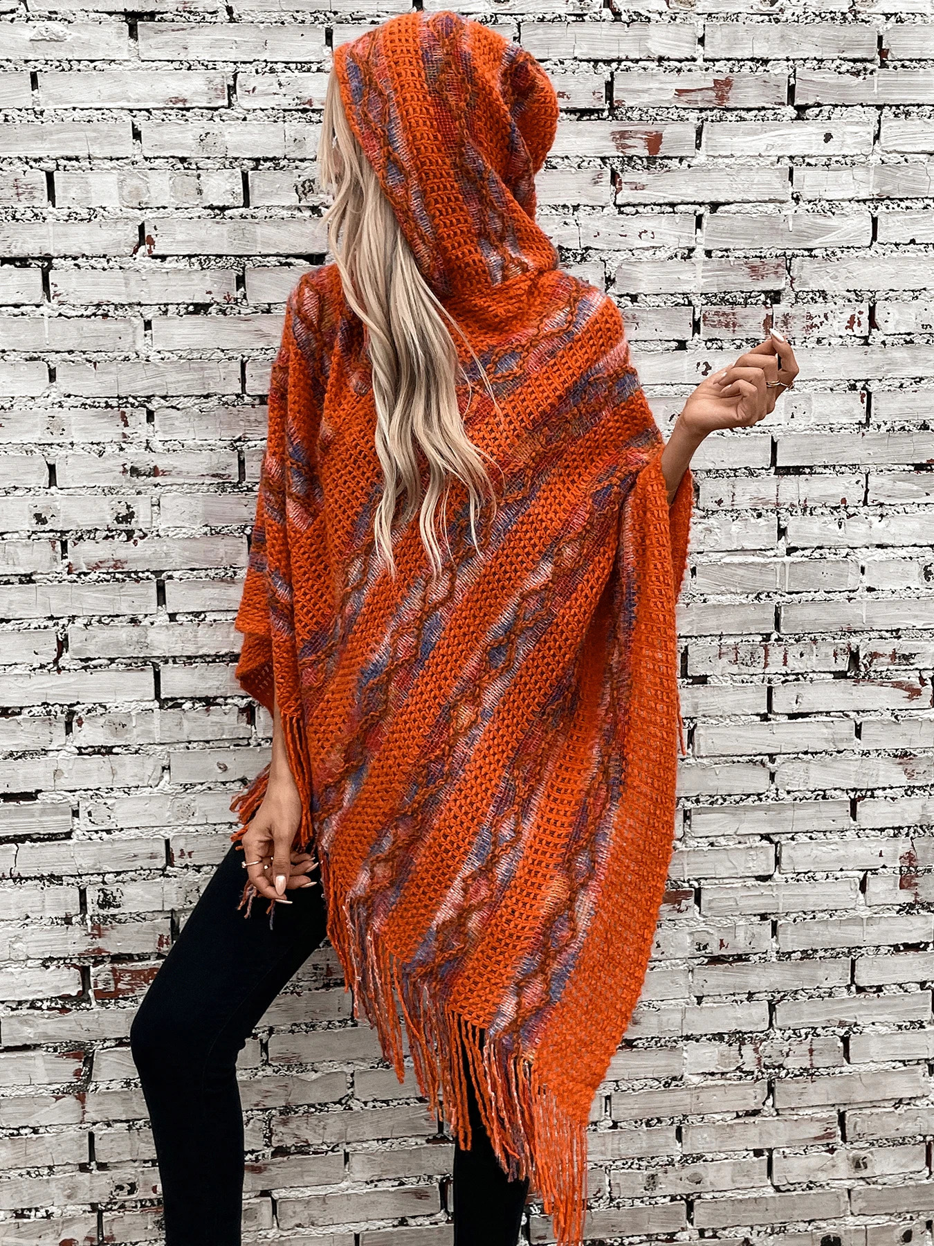 contrasting color hooded knitted tassel long womens cape jacket for autumn and winter 240813