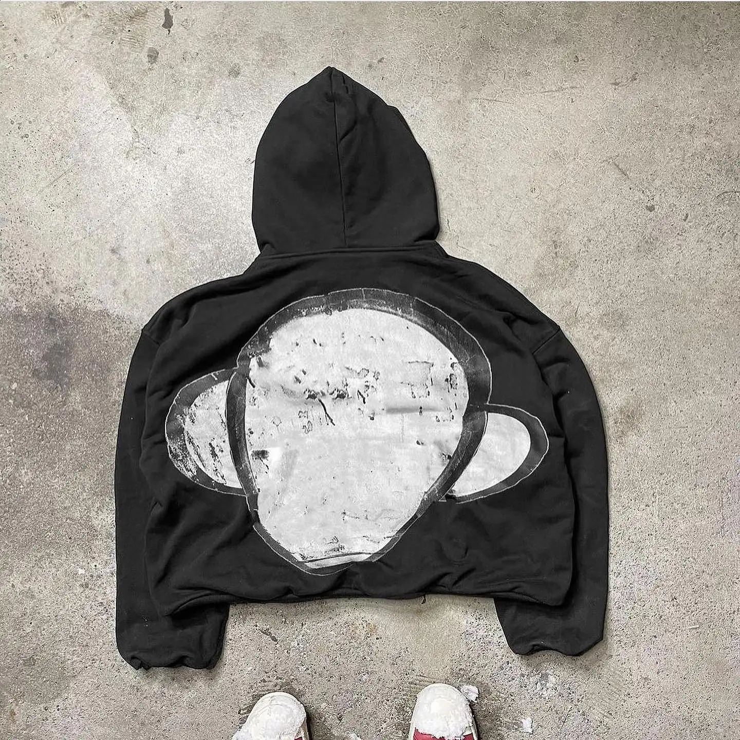 hoodie street oversized cartoon printed short hoodie mens hip-hop latte Harajuku fashion gothic casual loose sportswear240812