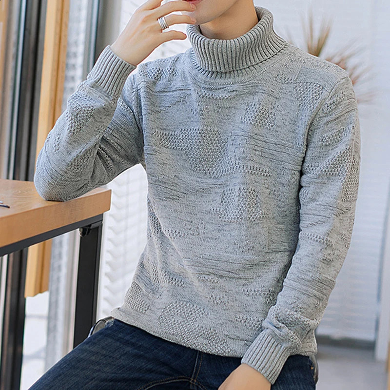 YJKVUR 100% Cotton Ribbed Knitted Turtle Neck Thick Sweater for Men Retro Winter Warm Classic Pulling Jumper 240812