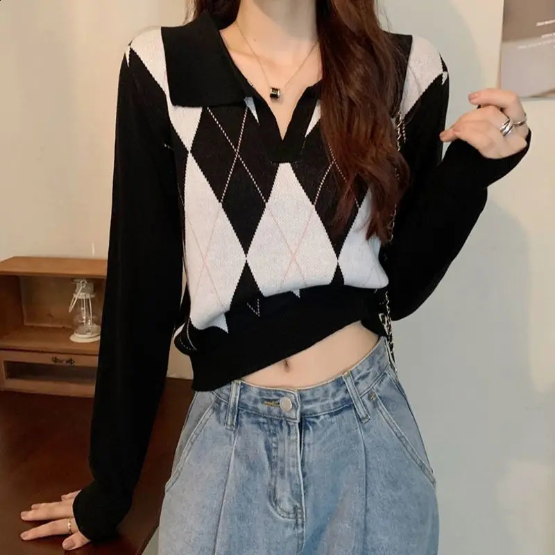 Spring Trend Patchwork Knitting Turn-down Collar Long Sleeve Pullovers Women Clothing Preppy Style Plaid Slim Sweater Femme Tops 240812
