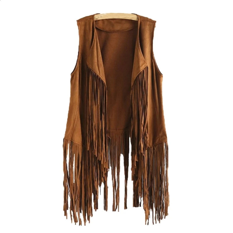Women Faux Suede Ethnic Sleeveless for Jacket Long Fringe Tassels Hippie Open Front Cardigan Vintage Cowgirl Waistcoat Vest 240813