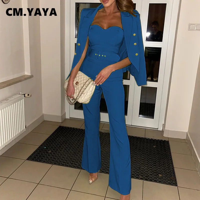 CM YAYA Elegant Womens Long Sleeve Jacket Wide Leg Sparkling Belt jumpsuit Office Track and Field Wear Two Piece Set INS 240812