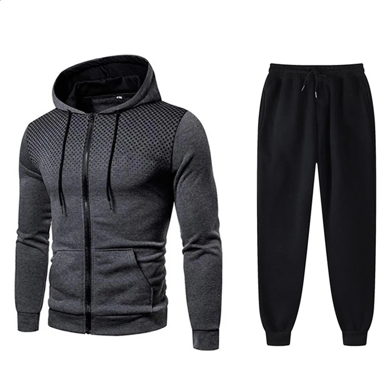 Mens Tracksuit Two-Piece Hoodie Track Pants Jacket Pullover Casual Outdoor Sports Fashion Streetwear Zipper Hooded Set 240813