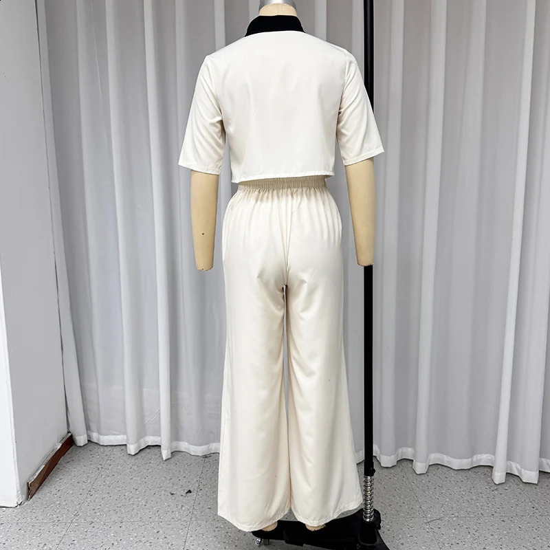 Wefads Two Piece Set Women Summer Fashion Casual Contrast Short Sleeve Lapel Office Button Top Loose Wide Legs Pants Sets 240813
