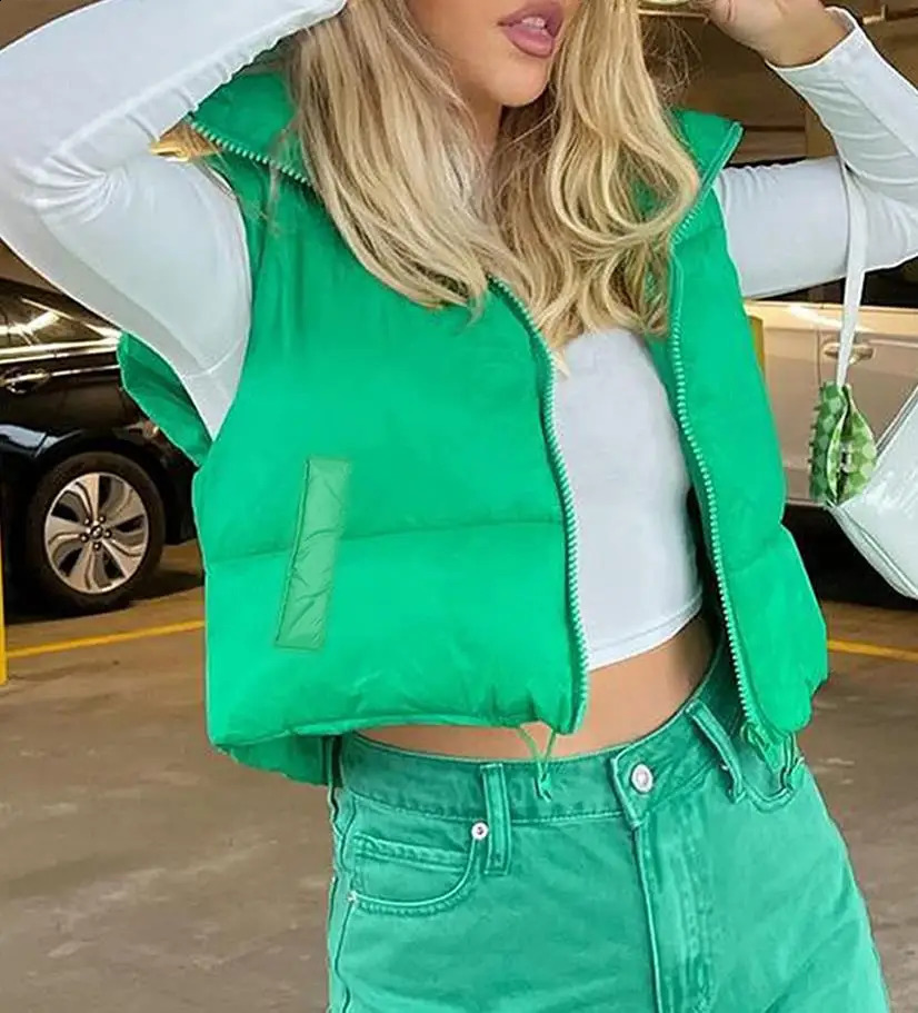 Women Winter Warm Cotton Padded Puffer Crop Waistcoat Stand Collar Double Sided Lightweight Puffers Sleeveless Parkas Jacket 240813