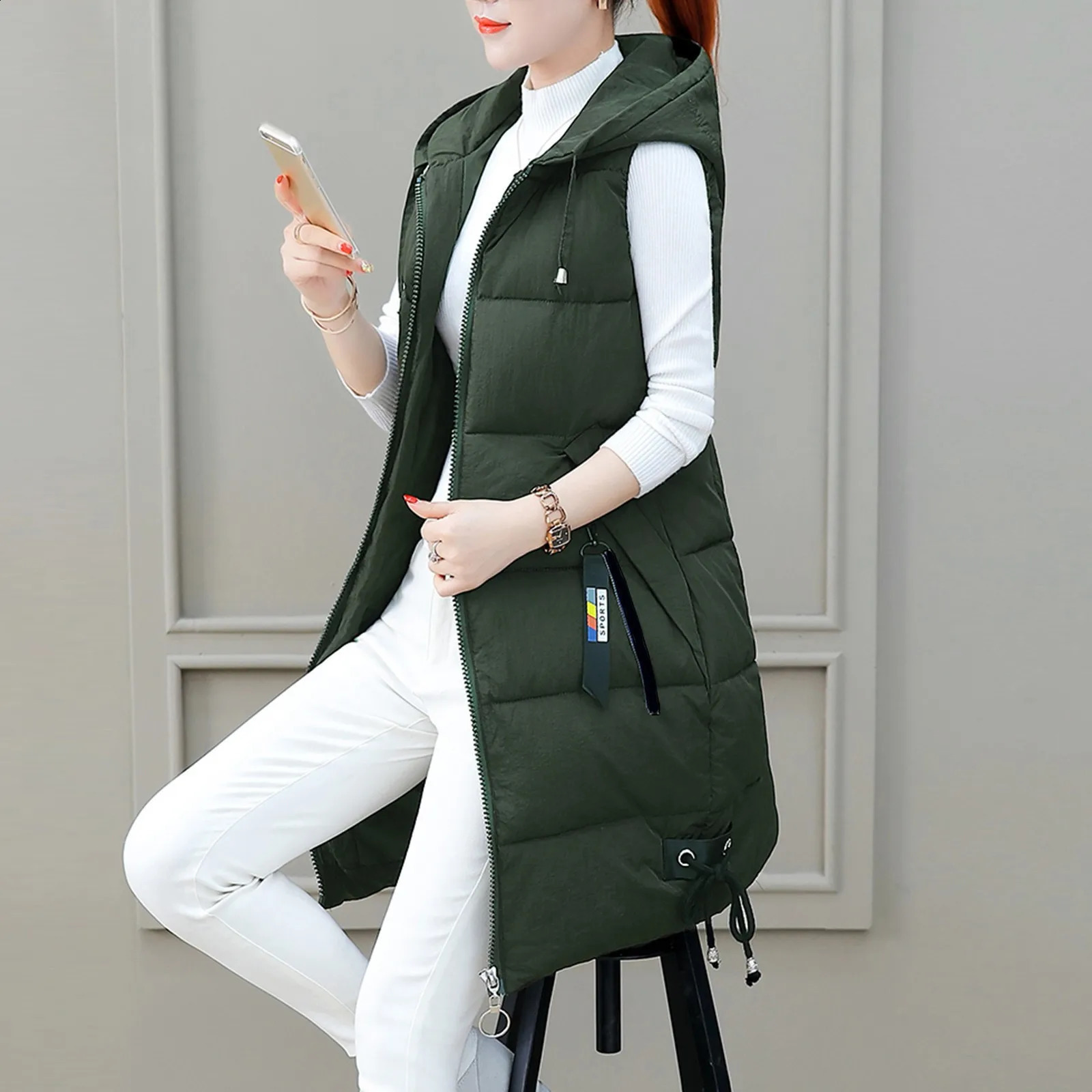 Women Solid Hooded Vest Zipper Pocket Loose Womens Vests Outerwear Sleeveless Jacket Long Coat Vests Woman Winter Coats 240813