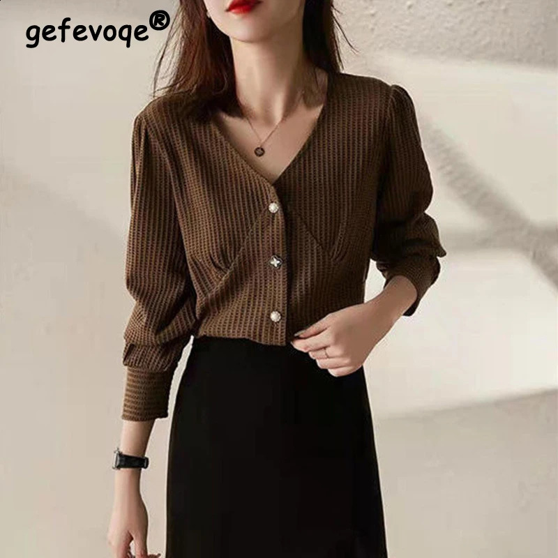 Womens Elegant Fashion V-neck Chic Sweet Buttons Cardigan Coat Spring Autumn Casual Street Solid Long Sleeve Slim Tops Clothing 240812