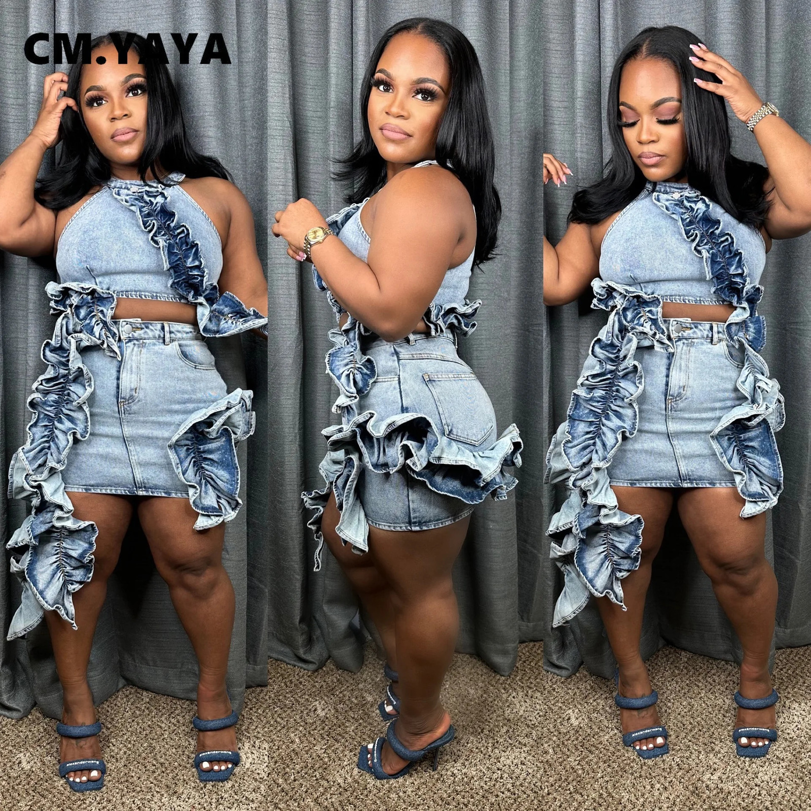 CM.YAYA Denim Womens Set Sleeveless Selvedge Elastic Washed Crop Top Mini Skirts Two 2 Piece Sets Outfits Street Tracksuit 240812