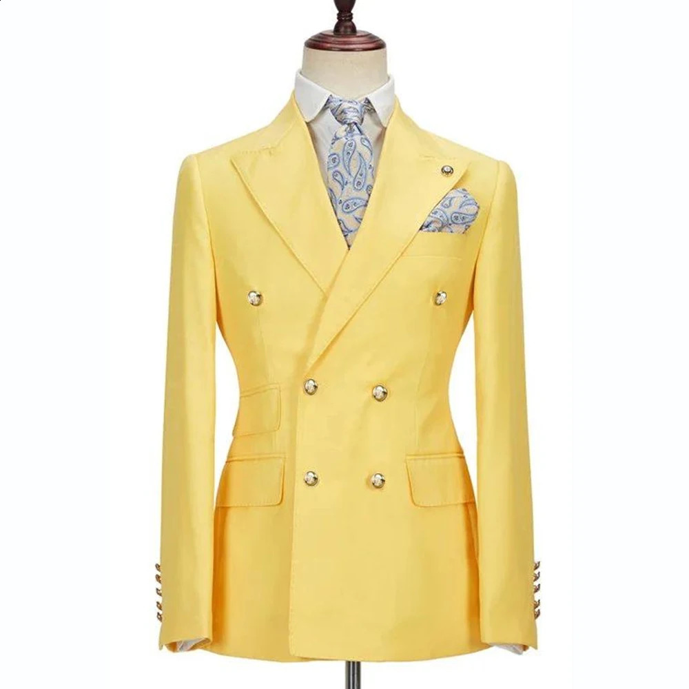 Blazer Hombre Yellow Suits for Men Chic Double Breasted Lapel Elegant Wedding Full Set Male 2 Piece Jacket Pants 031D 240812cj