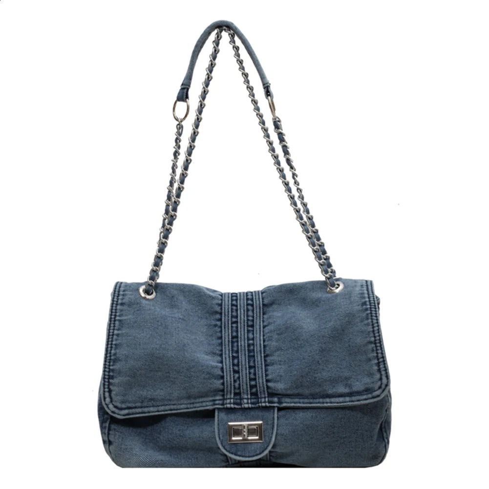 Blue denim canvas large casual handbag womens capacity travel metal chain messenger bag motorcycle 240813