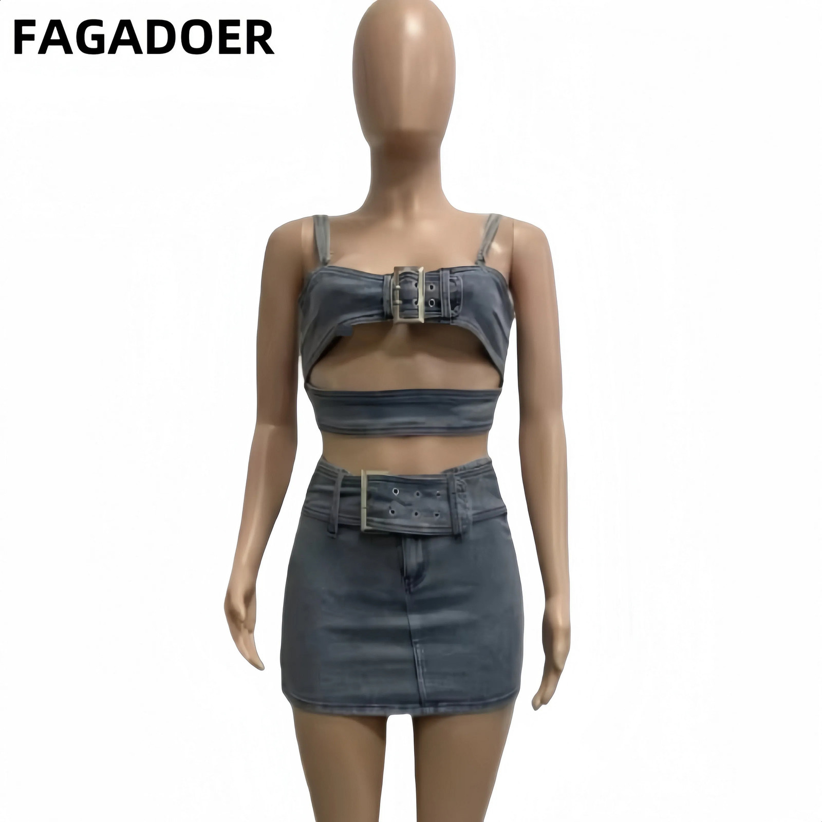 FAGADOER Blue Fashion Hollow Out Elasticity Denim Two Piece Sets Women Thin Strap Sleeveless Tank Top And Skirts Cowboy Outfits 240812