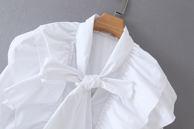 Women Chic Bow Tie Collar White Blouse Ruffles Long Sleeve O