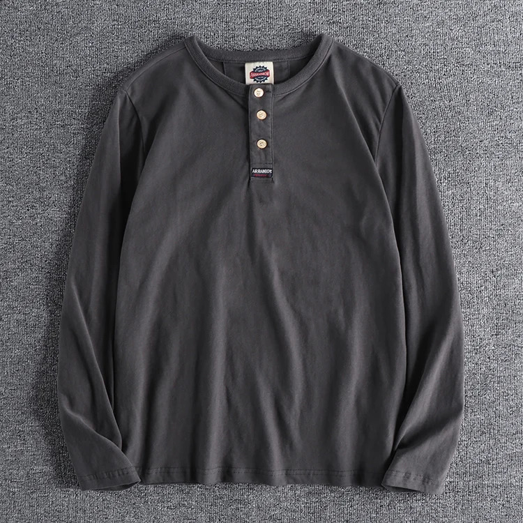 Autumn Japanese Retro Long Sleeve Henry Collar Solid Color T-shirt Mens Fashion Pure Cotton Washed Casual Tops 240812