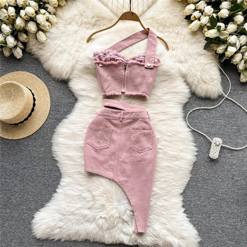 Amolapha Womens Summer Sexy 2-piece Sets Sleeveless Strapless Denim TopsHigh Waist Irregularity Jeans Skirts Suits 240812