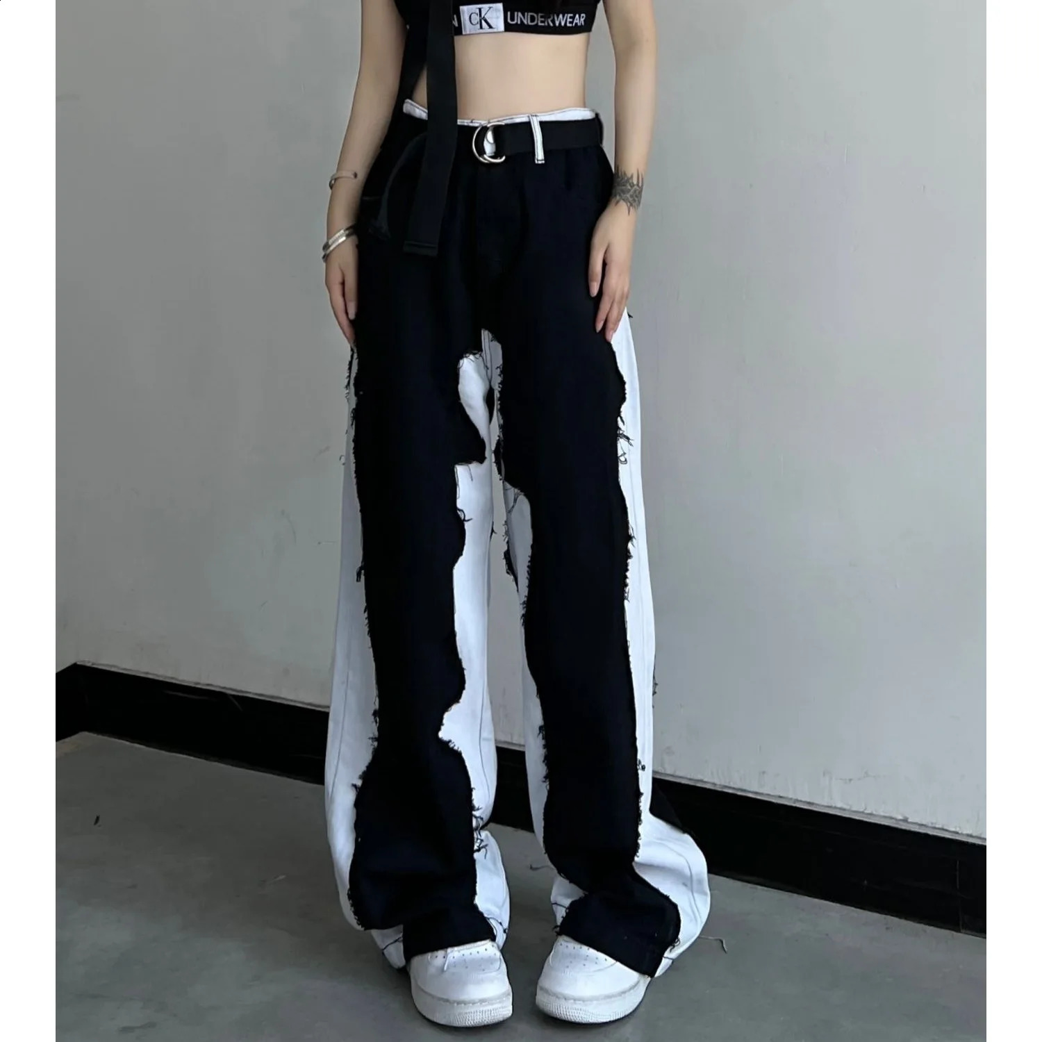 Y2k Vintage Women Splicing Jeans Streetwear Fashion Cootrast Color Pants Oversize Loose Casual Straight Wide Leg Trousers 240813