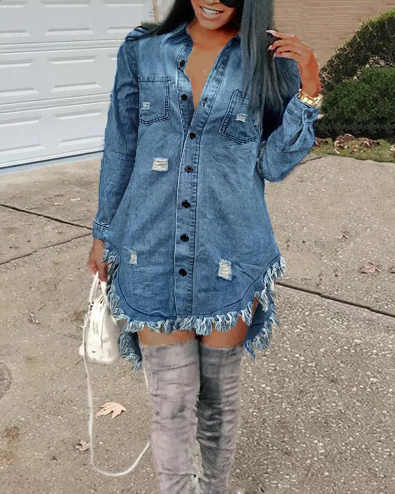 Ripped Raw Hem Asymmetrical Denim Tops Casual Shirts Women Fashion Pockets Single Breasted Button Dress 240812