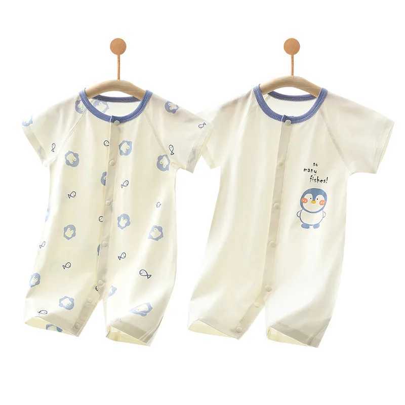 2 pieces of summer soft cotton thin baby short sleeved jumpsuit suitable for boys and girls cute cartoon clip toddler crawling set W240812