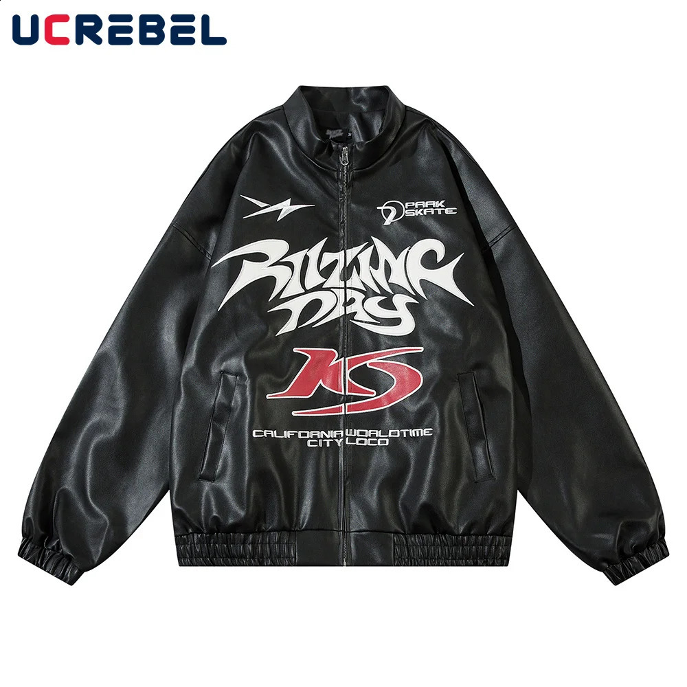 Letter Embroidery PU Leather Jacket Mens Retro High Street Stand Collar Long Sleeve Loose Autumn Outerwear Men 240810