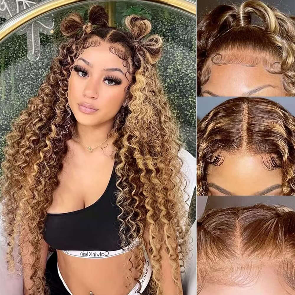 Highlight Water Wave Human Hair Highlighted Curly Front Wigs For Women Brazilian HD Lace Closure Wig Preplucked On Sale