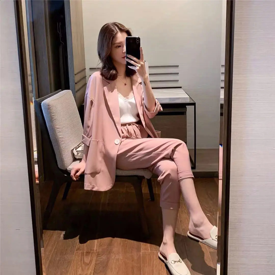 Korean style pink elegant womens pants set fashionable loose jacket Trouser twopiece office 240812