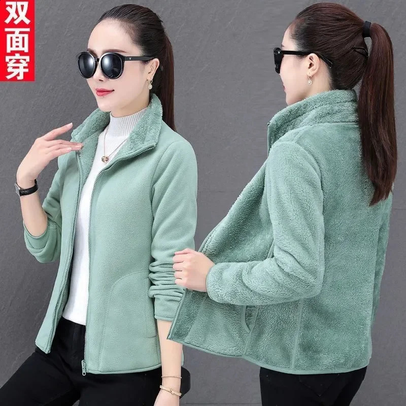 Hoodie Two-Sided Wool Fleece Womens Polar Fleece Coat Autumn Winter Add Velvet Thickening Keep Warm Double-Sided Penetration 240812