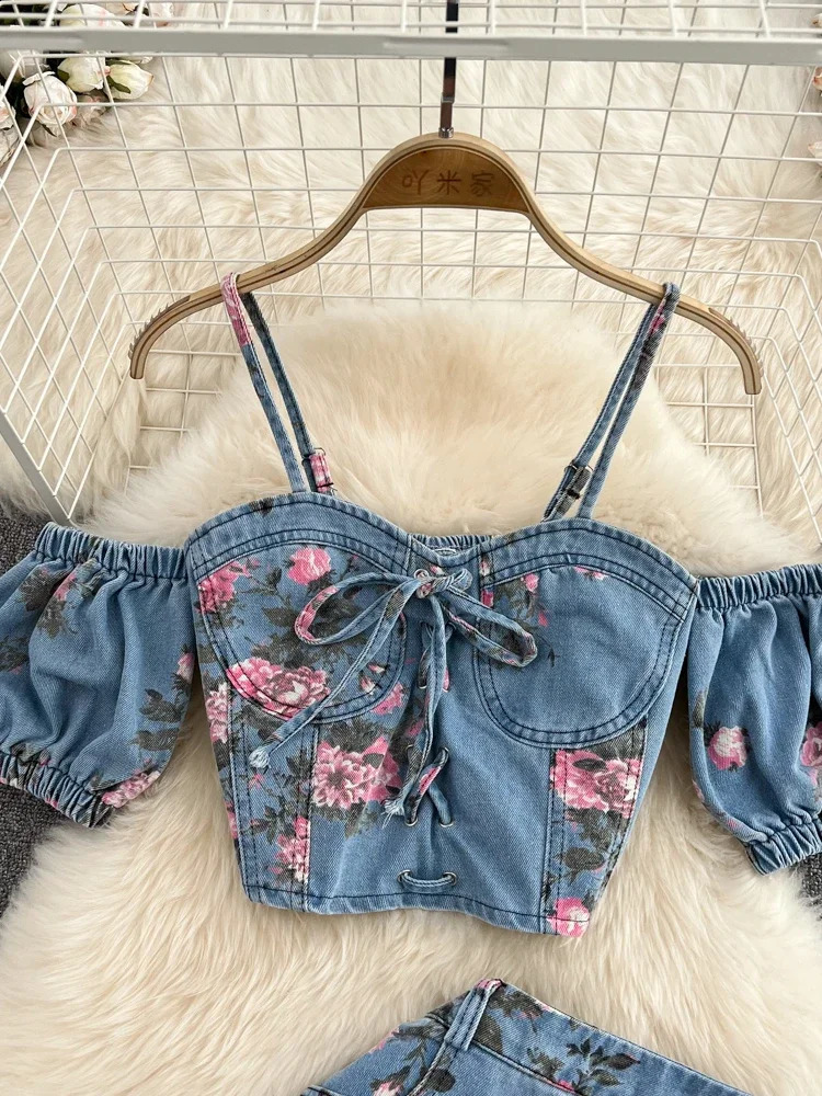 Women 2 Piece Set Denim Fashion Female Chic Sexy Sling Top High Waist Irregular Split Skirt Summer Lady Suit A51 240812