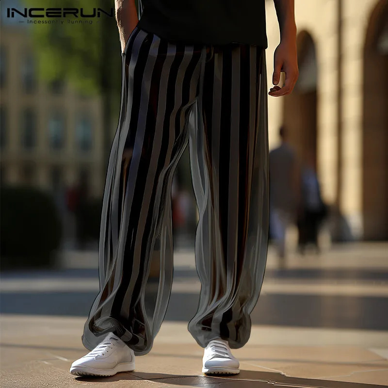 Men Striped Pants Mesh Transparent Elastic Waist Sexy Trousers Streetwear Loose Fashion Casual Pantalon S2XL INCERUN 240812