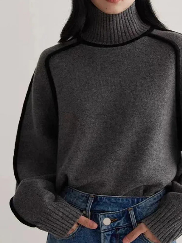 Womens spliced turtle neck knitted sweater with warm and casual thick long sleeves floral patterns autumn womens high street jumper 240812