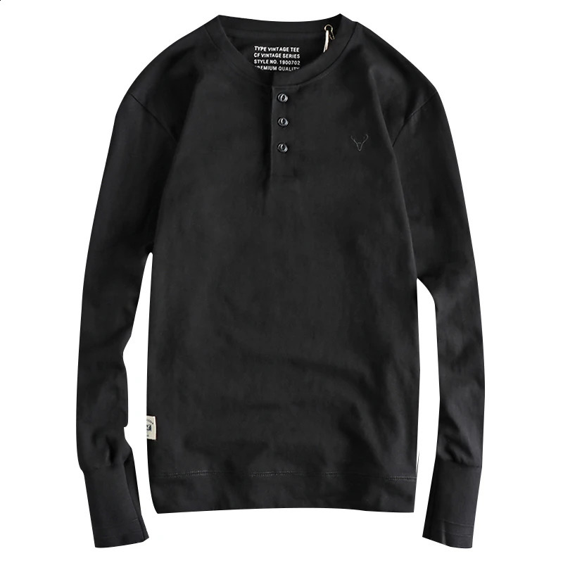 Autumn American Retro Long Sleeve Henry Collar Embroidery T-shirt Mens Fashion Pure Cotton Washed Slim Youth Casual Tops 240812
