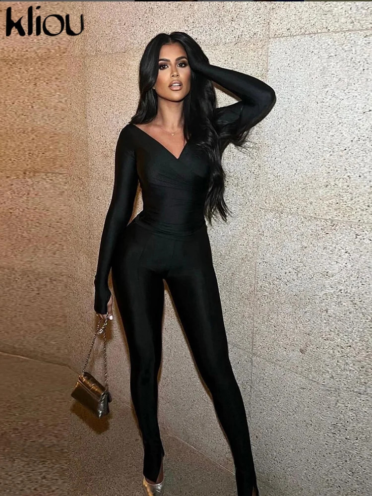 kliou Autumn Women Ankle-Length Casual Polyester Glossy Two Piece Set K23S35204 Solid Folds TeesPencil Pants Street Outfit 240813