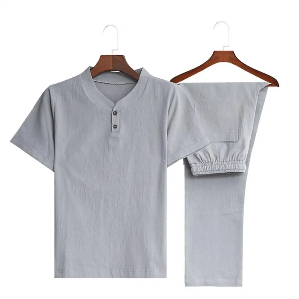 Men Casual Outfit Solid Color Homewear Chinoiserie Summer Two Piece Short Sleeve T Shirt Drawstring Pants Set Men Clothing Suit 240813