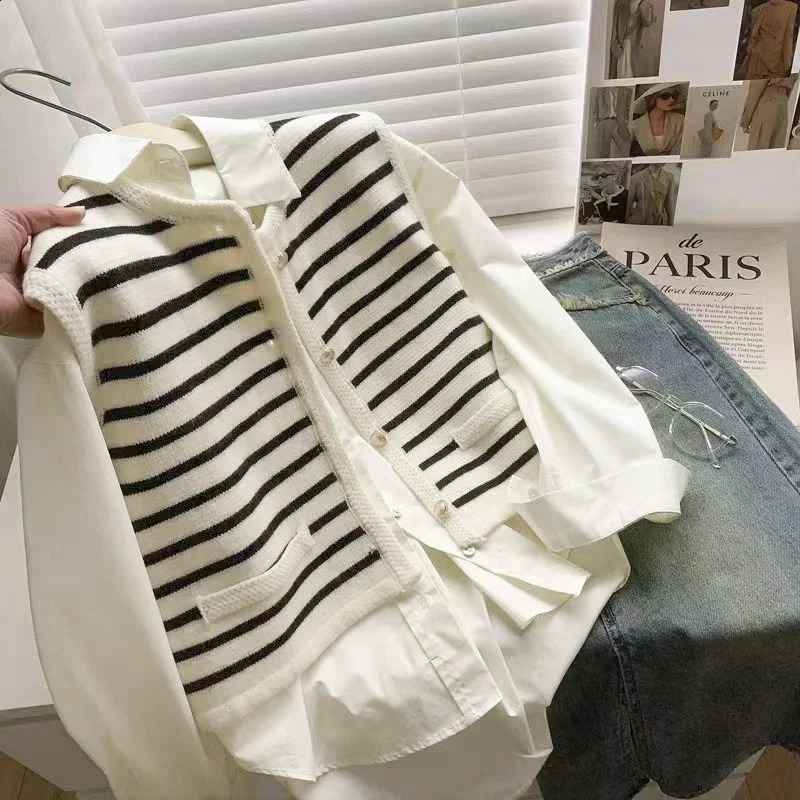 Korean elegant and chic knitted vest with striped casual sweet office womens sleeveless sweater cardigan retro basic 240812