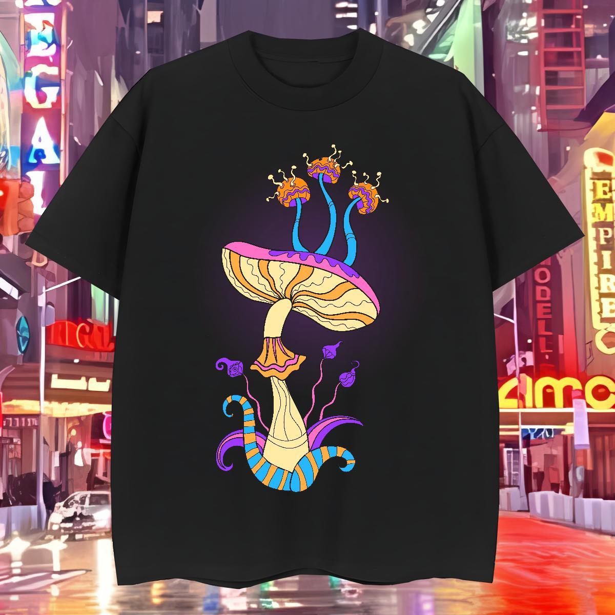 DIY Men Tees mushroom Street Casual 230g Pure Cotton Top Tees Breathable Crew Neck Cool T Shirt For Man Black White