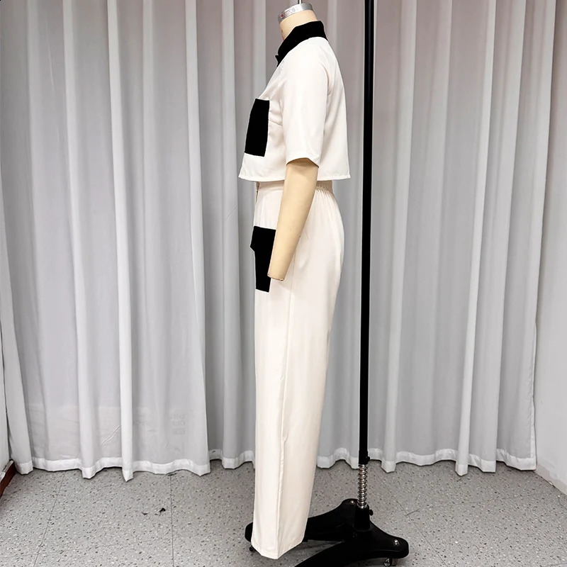 Wefads Two Piece Set Women Summer Fashion Casual Contrast Short Sleeve Lapel Office Button Top Loose Wide Legs Pants Sets 240813