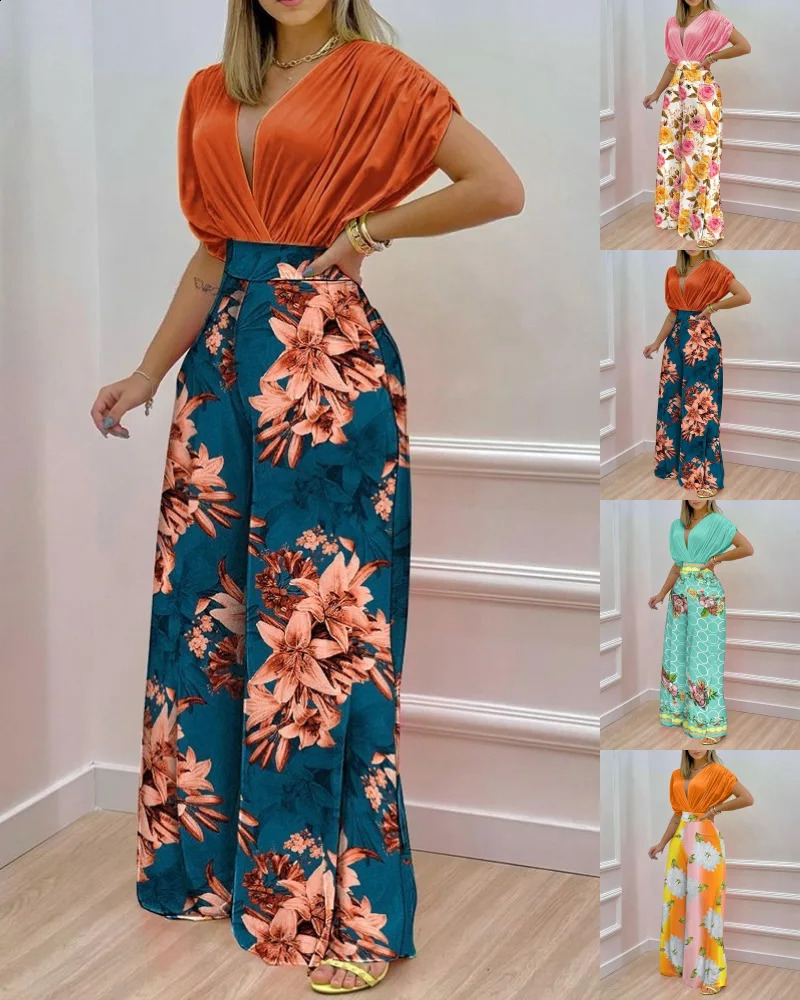 Women Print Suit Pullover Batwing Sleeve V-Neck Top Wide Leg Pants Set Two Piece Set Loose Casual Womens Clothing Summer 240813