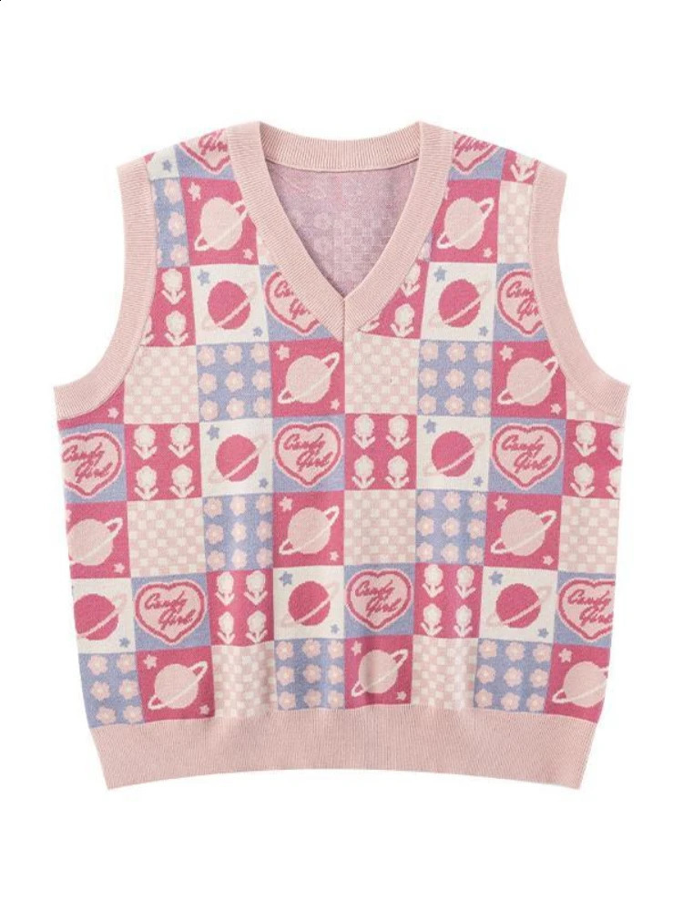 HOUZHOU Kawaii Preppy Style Sweater Vest Y2k Women Sweet Pink Loose Floral V-Neck Knitted Pullover Sleeveless Plaid Outerwear 240812