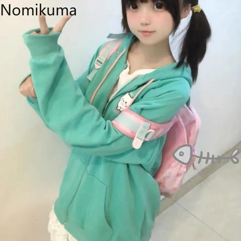 Embroidery Cat Anime Hoodie Women Long Sleeve Hooded Zipper Japanese Y2k Coat Ropa Mujer Casual Oversized Sweatshirts Tops 240812