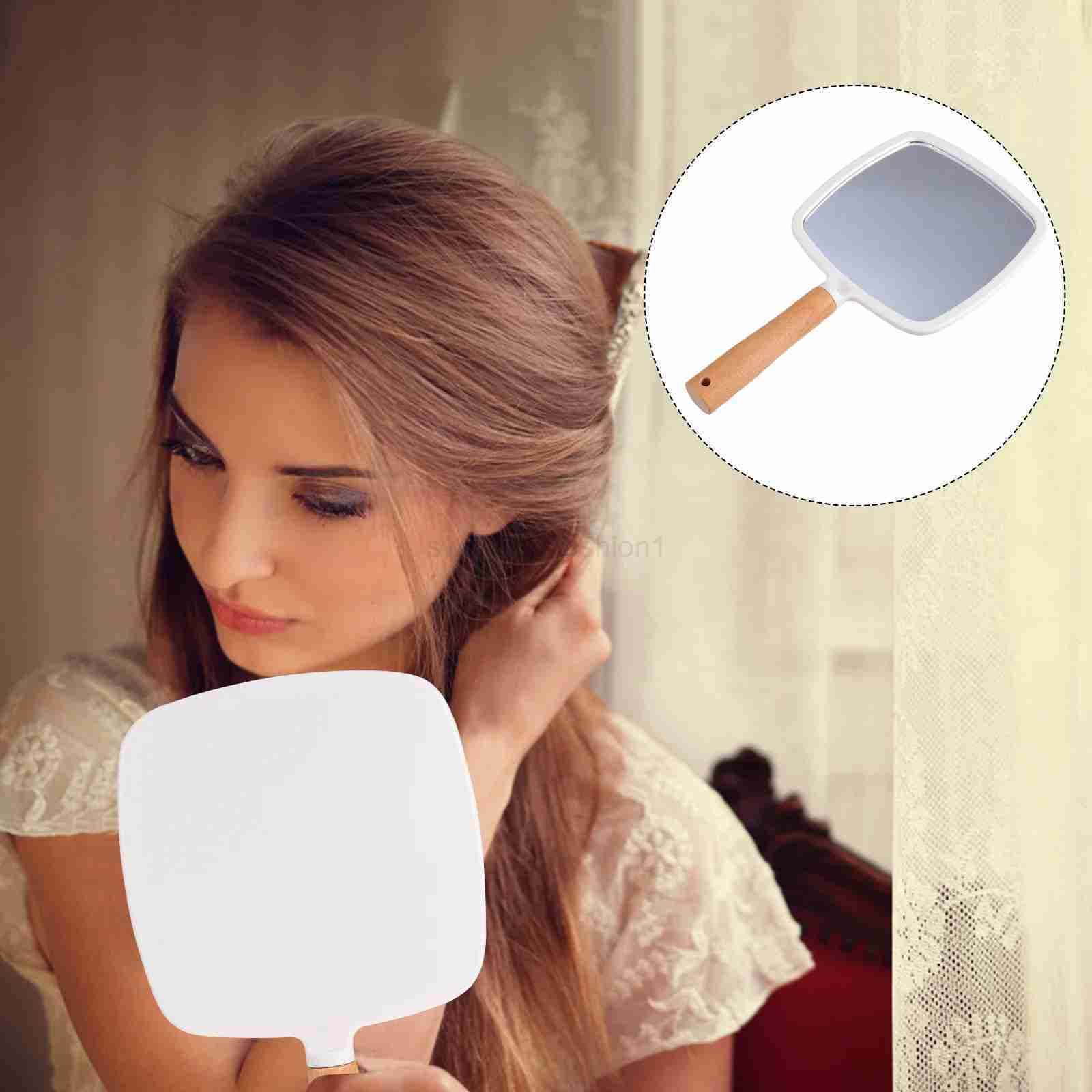 Makeup Mirror Wooden Handle Handheld Cosmetic Mirror Heart Shape Fan Shape Mirror Round Square Mirror Salon Makeup MirrorXJ240813