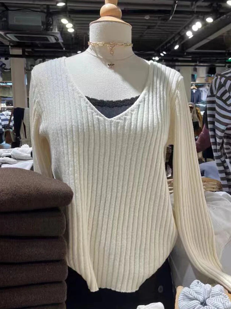 Vintage Solid Knit Long Sleeve Sweaters Women Autumn Sweet V Neck Short Slim Y2k Tops Ladies Harajuku Cute Cotton Sweater 240812