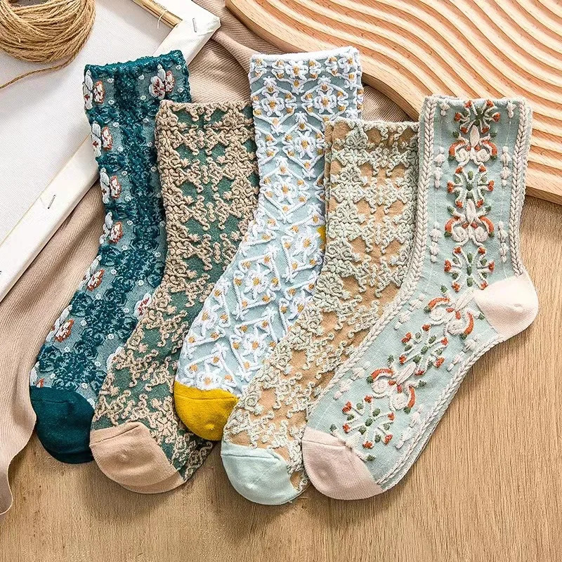 5 Pairs/ Lot Woman Socks Harajuku Retro Embroidery Spring Kawaii Cute Socks Lolita Socks Lace Flower Crew Socks Christmas Gift 240813