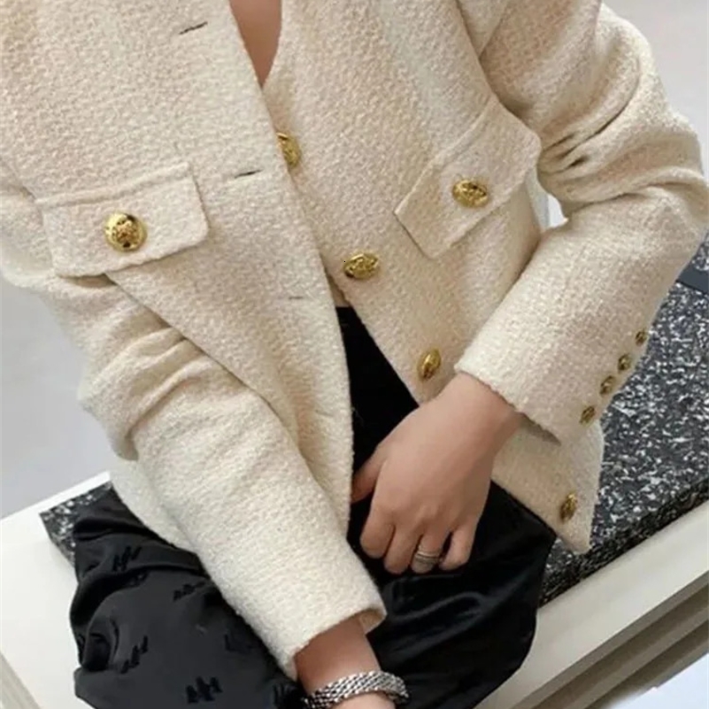 Simple Solid England Tweed Jacket Women Elegant Buttons Long Sleeve Sweet Coat Casual O Neck Fashion Loose Fall Winter Top 240812