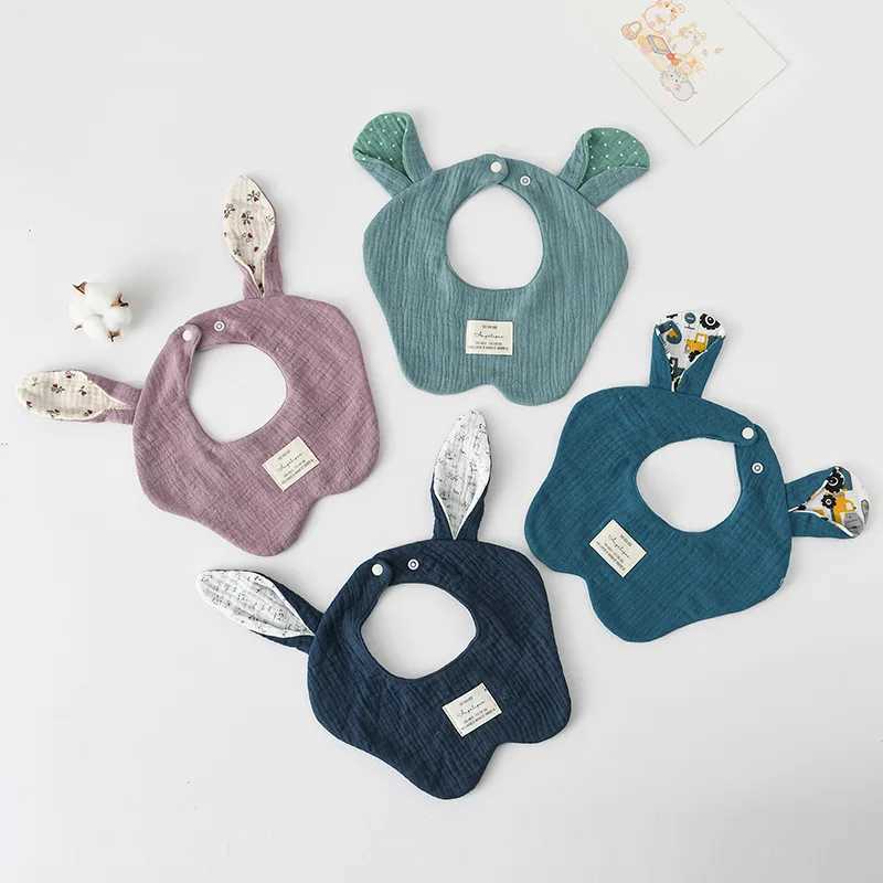 Bibs Burp Cloths Rabbit Bear Ears Wave Edge Cotton Gauze Baby Bibs New Solid Infant Bib Newborn Burp Cloths for Boy Girl Feeding Saliva TowelL4812